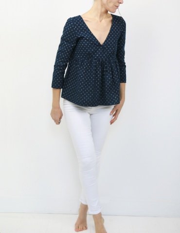 Eugenie blouse made from a navy blue fabric, full-length front view