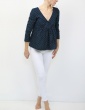 sewing pattern Eugenie blouse made from a navy blue fabric, full-length front view