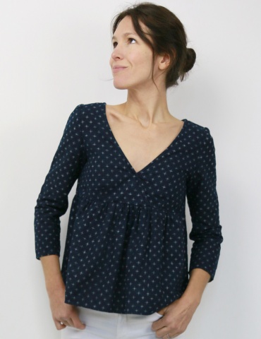 Eugenie blouse made from a navy blue fabric, front view American shot