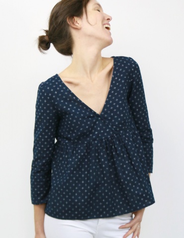 Eugenie blouse made from a navy blue fabric, front view