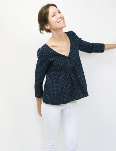 Eugenie blouse made from a navy blue fabric, large front view