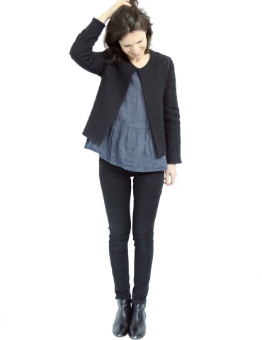 Claudie jacket in black woolen double gauze, with no collar, full-lenght view