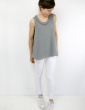 sewing pattern Alizé tank top with neckline flounce, in grey linen, second front view full-length