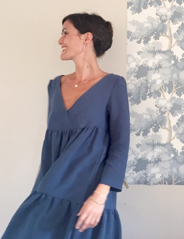 Eugenie pattern dress version worn by famous instagrammer Eugéniiiiiiie, in a blue fabric